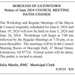 Borough of Eatontown Council Meeting Dates Change