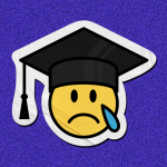 Sticker of a sad face emoji wearing a graduation cap